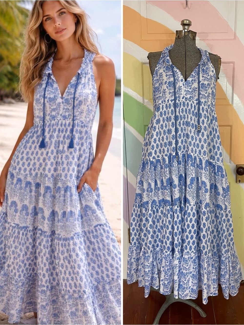 CALYPSO St. Barth DARIA Block Print Dress Cotton Tiered Floral Resort Sz S 🧡🎀